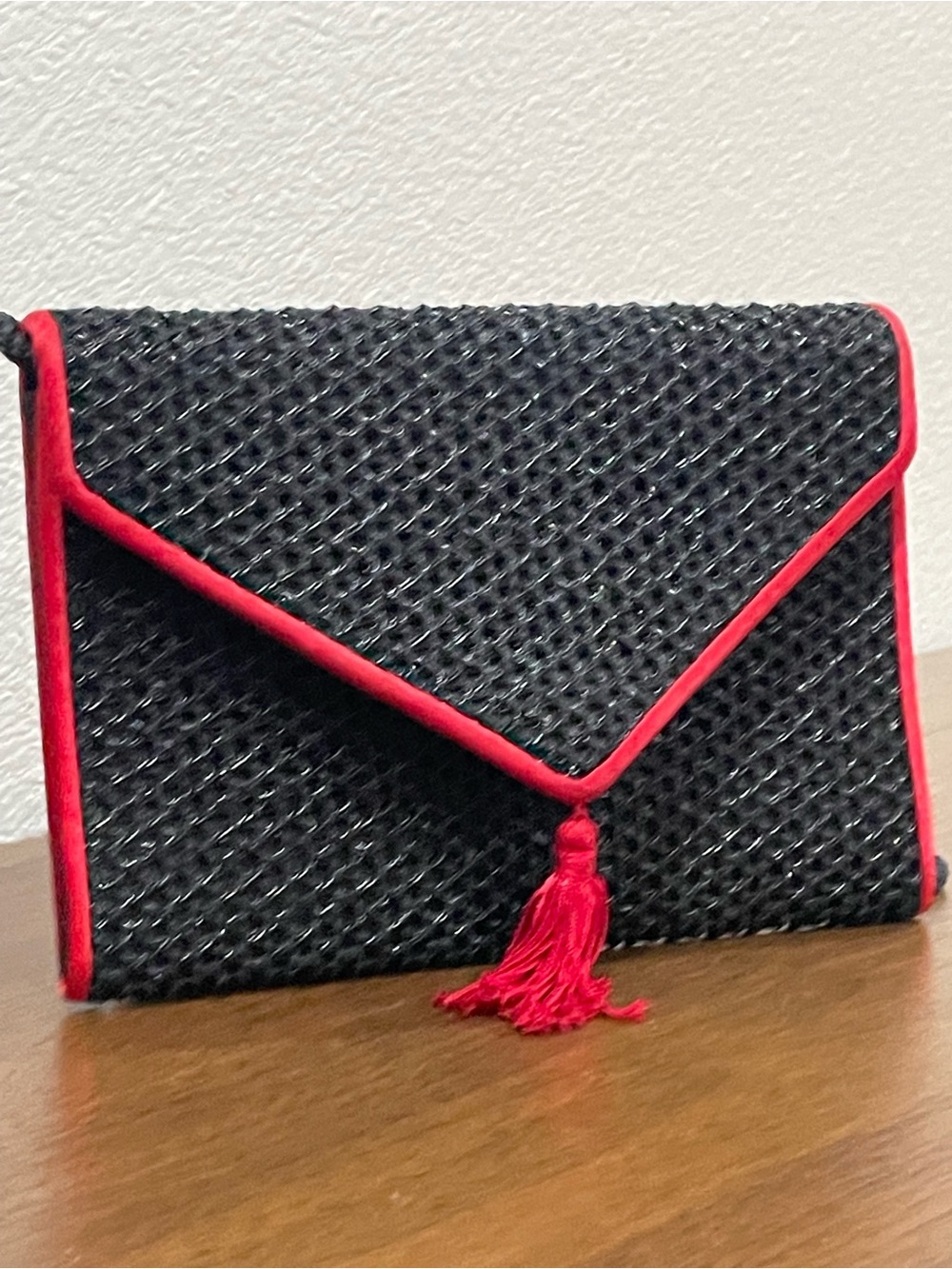 Vintage Nina Ricci 1980s Passementerie Envelope Clutch Bag Black Red Tassel